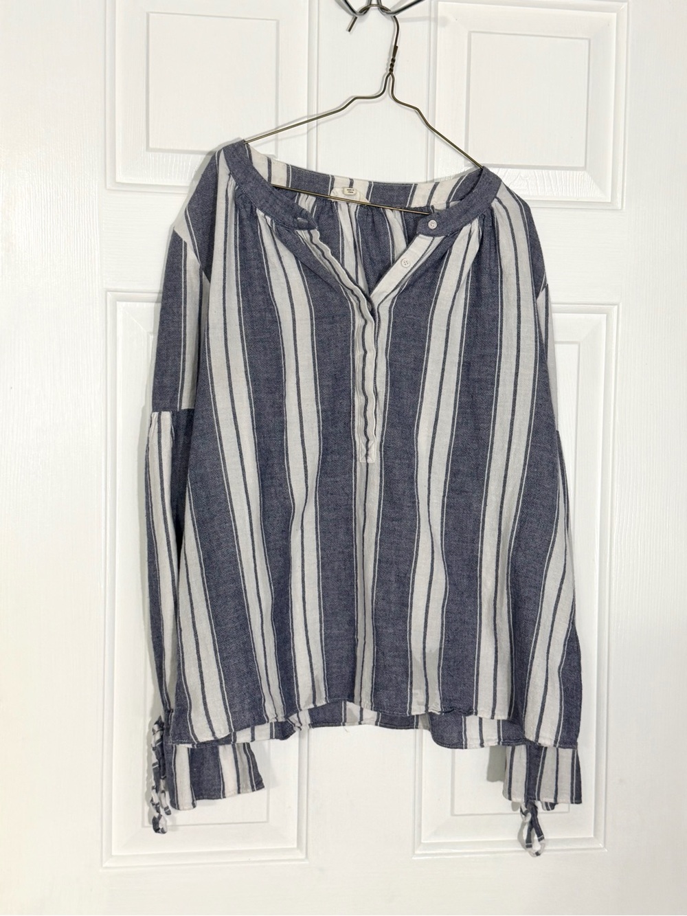 Nautical Beachy Top Fisherman Cotton Striped Half Button Front Bell Sleeve Med